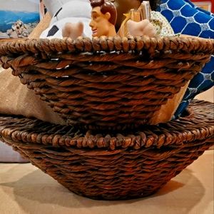 Round Brown Woven Water Hyacinth Decorative Modern Baskets - 2 set
